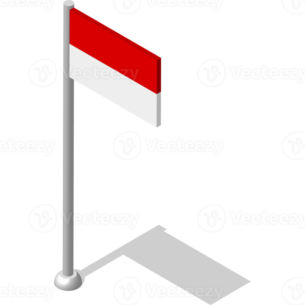 Isometric flag of Republic of Indonesia in static position on flagpole. National banner of country in static, even position. PNG image on transparent background