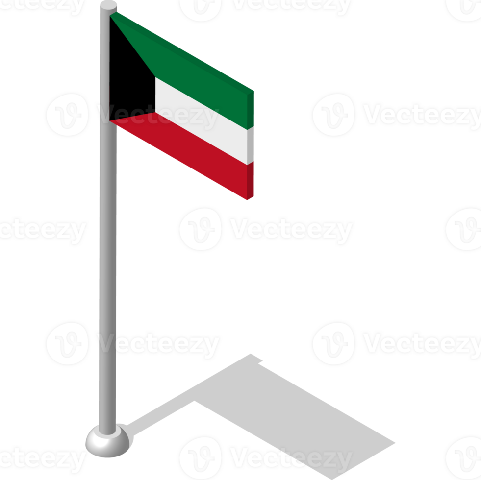 Isometric flag of KUWAIT in static position on flagpole. National banner of country in static, even position. PNG image on transparent background