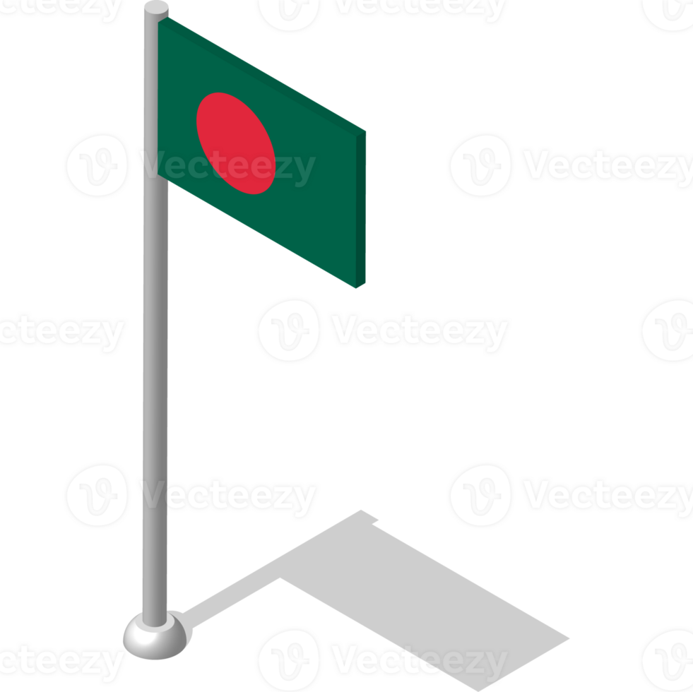 Isometric flag of Republic of BANGLADESH in static position on flagpole. National banner of country in static, even position. PNG image on transparent background