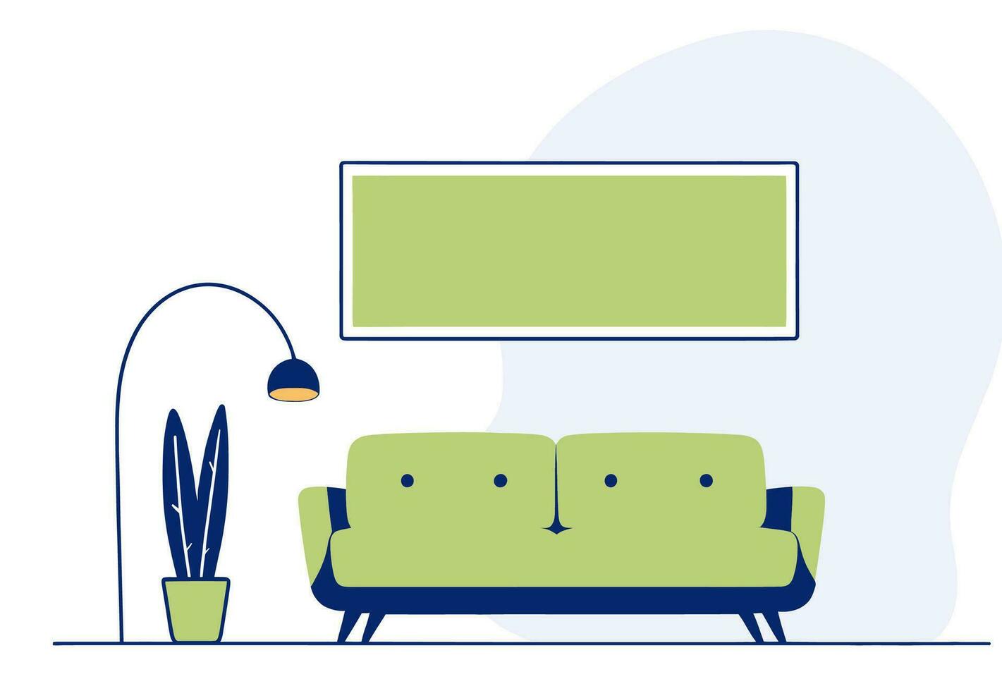 un vivo habitación con un verde sofá y un florero de flores en un piso, plano vector ilustración.