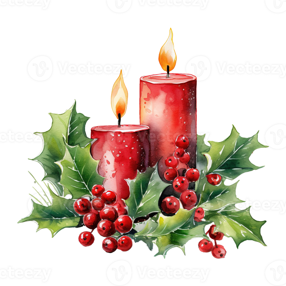 AI generated two red candles with holly leaves and red berries. AI generated image png