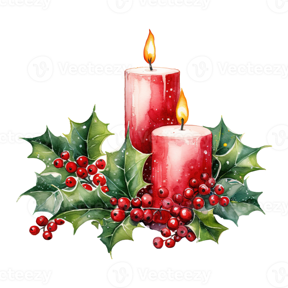 AI generated two red candles with holly leaves and red berries. AI generated image png