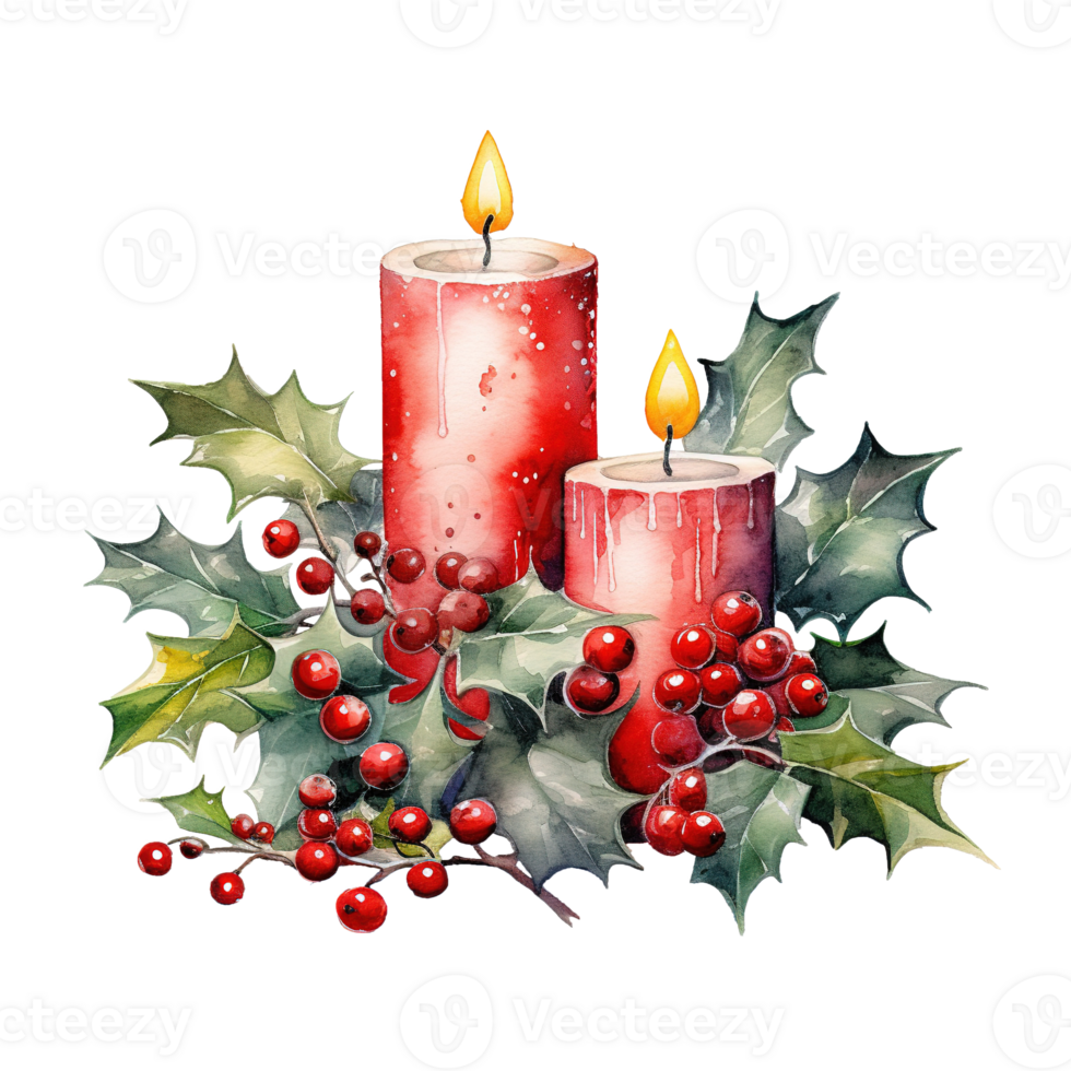 AI generated two red candles with holly leaves and red berries. AI generated image png