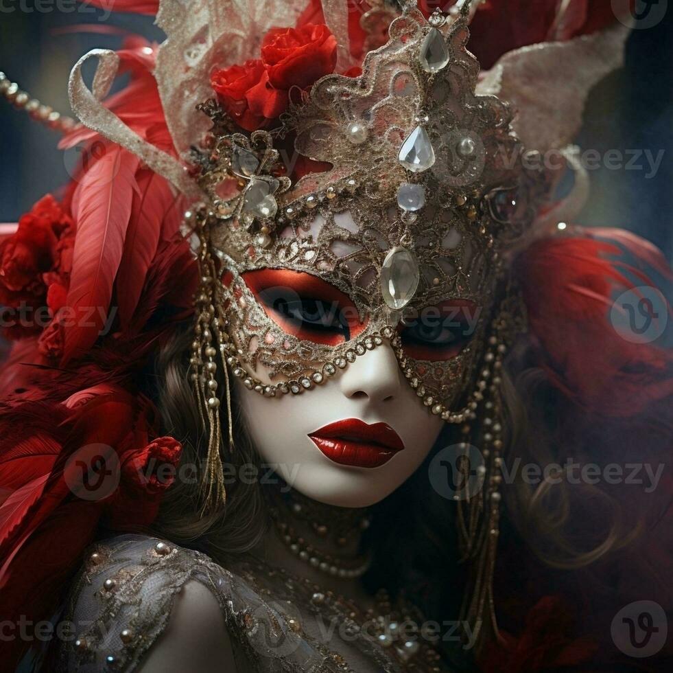 AI generated Girl in a carnaval mask with red full lips in red feathers Ai Artificial Intelligence technology concept photo