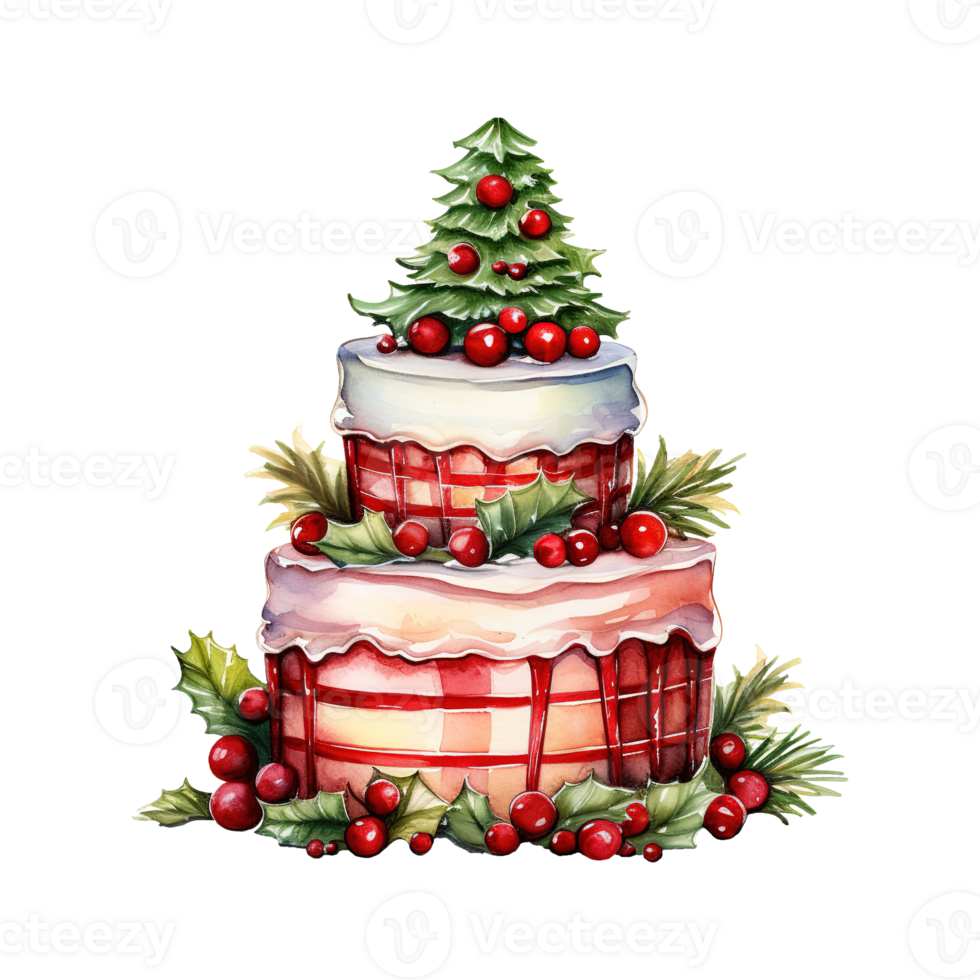 AI generated watercolor christmas cake with holly and berries. AI generated image png