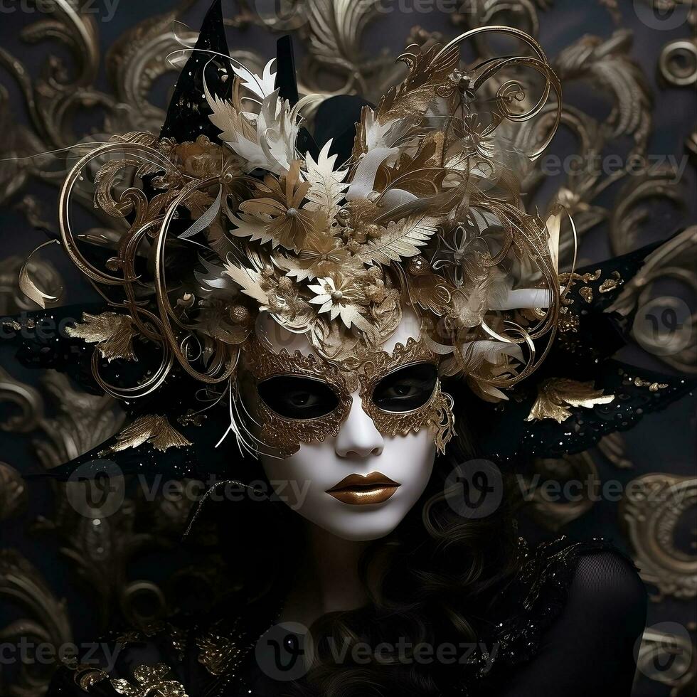 AI generated Woman in a golden mask with leafs Ai Artificial Intelligence technology concept photo