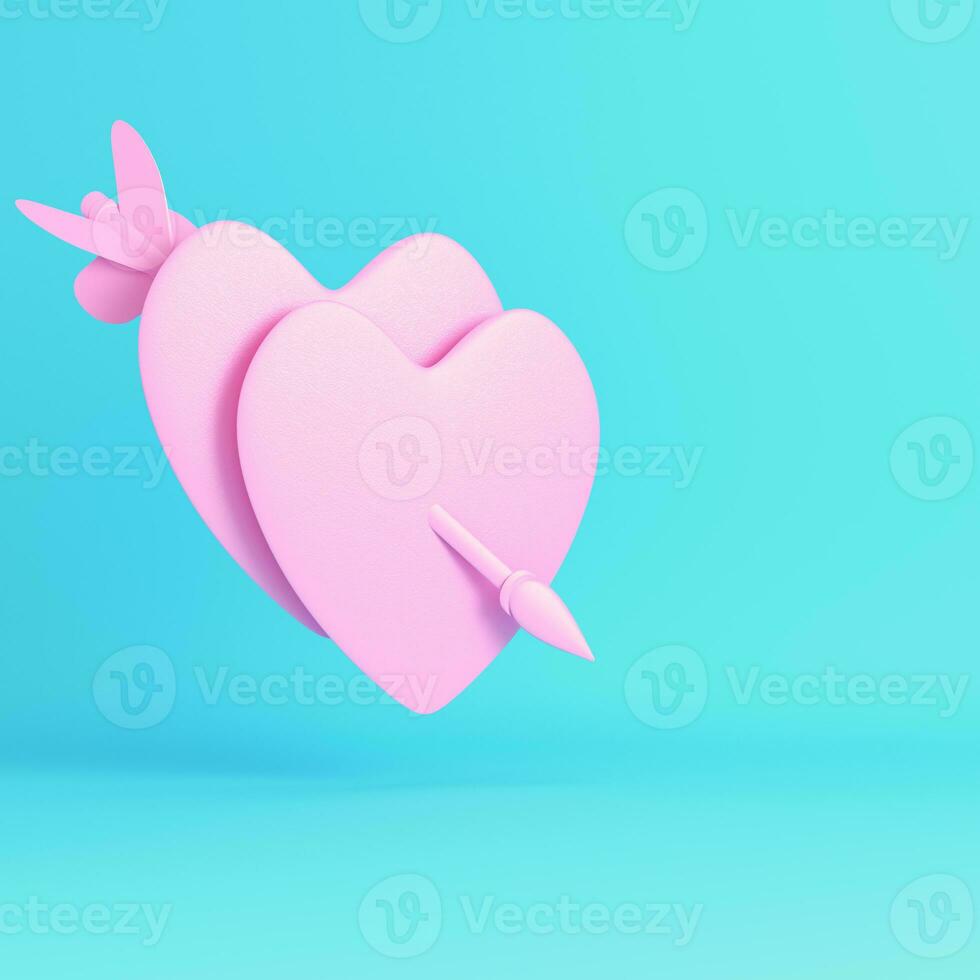 Pink two heart pierced by cupid arrow on bright blue background in pastel colors photo