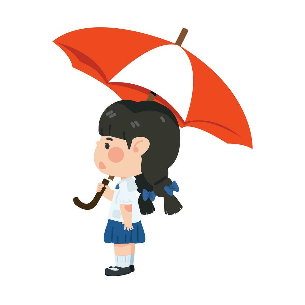 School girl holding umbrella cartoon vector