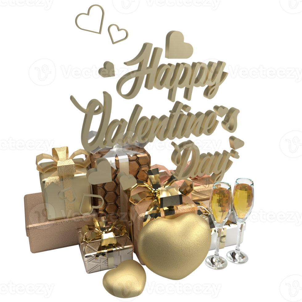 The gold text and gift box for Valentine's Day concept 3d rendering png