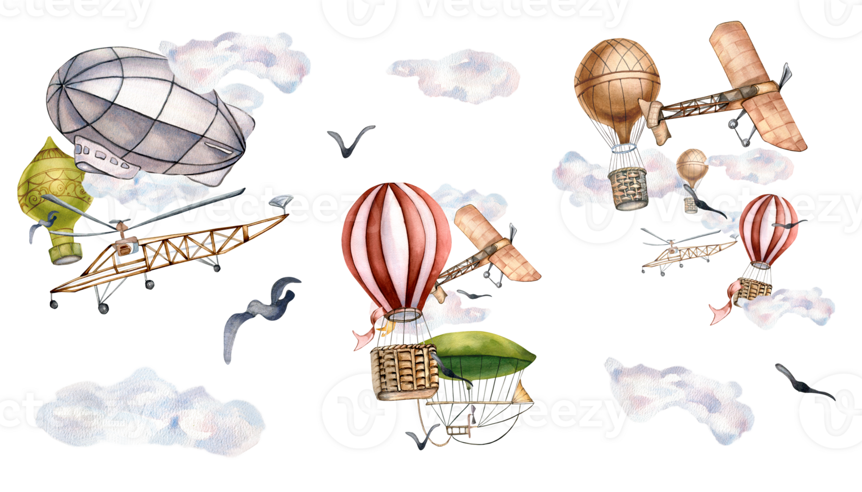 Watercolor collection with air balloons, airship and clouds in pastel colors. Hand painted airplanes set. Design elements for boy room, childish collection for wallpaper. png
