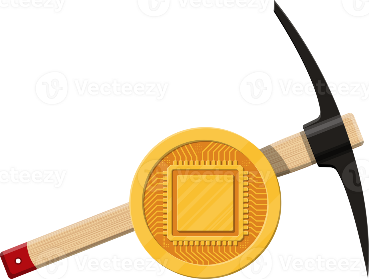 Golden coin with computer chip and pickaxe png