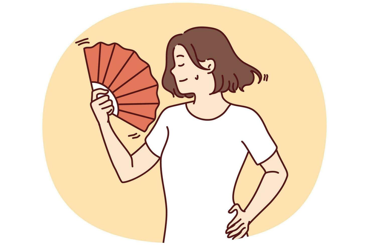 Young woman suffer from hot weather wave with hand fan. Unwell female struggle with heatstroke use waver for fresh air. Vector illustration.