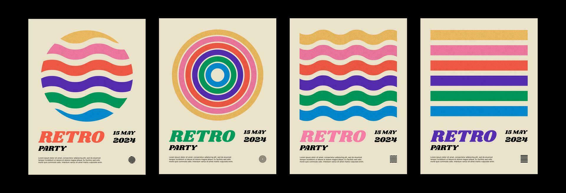 Retro line rainbow posters pack. 1970 waves for a vintage style music party. Vector illustration.