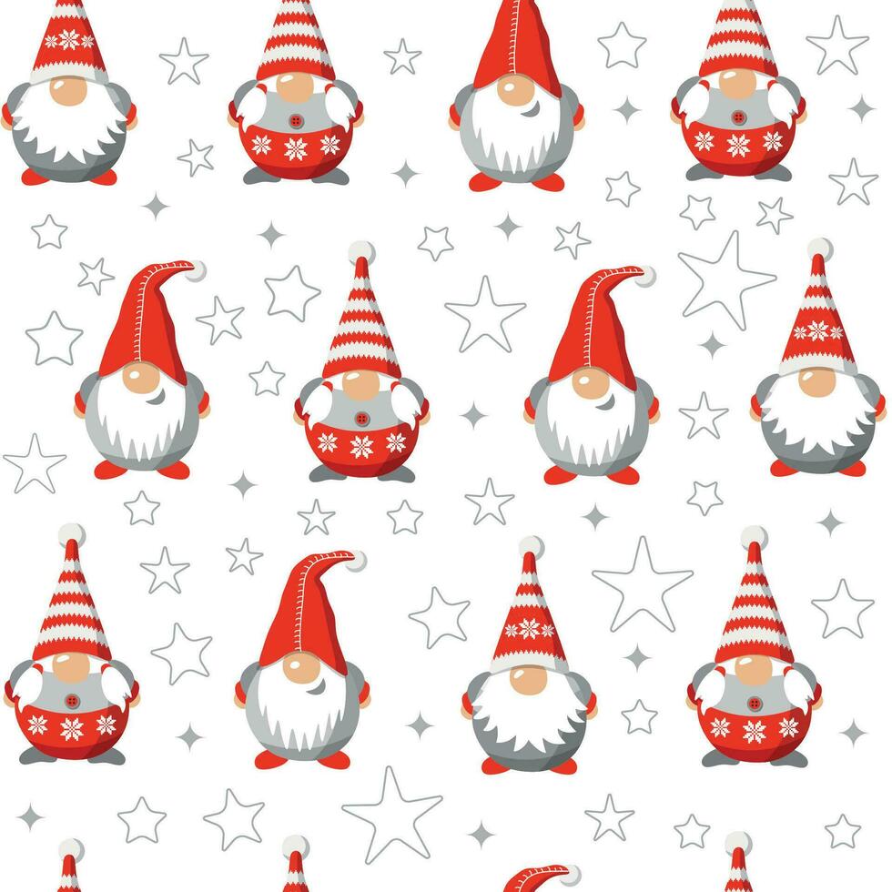 Vector seamless pattern christmas gnomes isolated on white. Cartoon characters. Xmas design for holidays decoration, greeting.