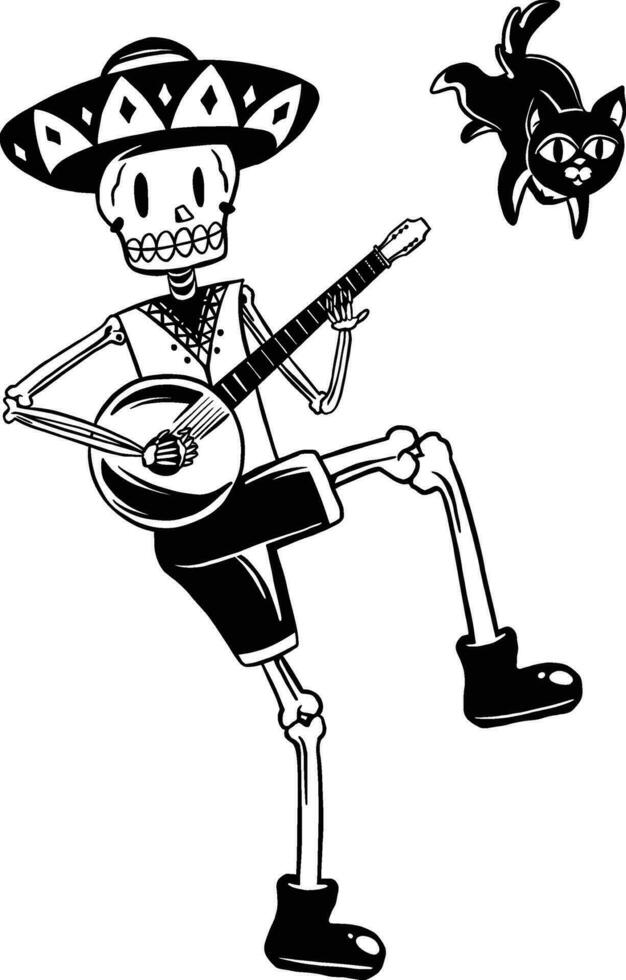 Funny skull and cat playing music illustration vector