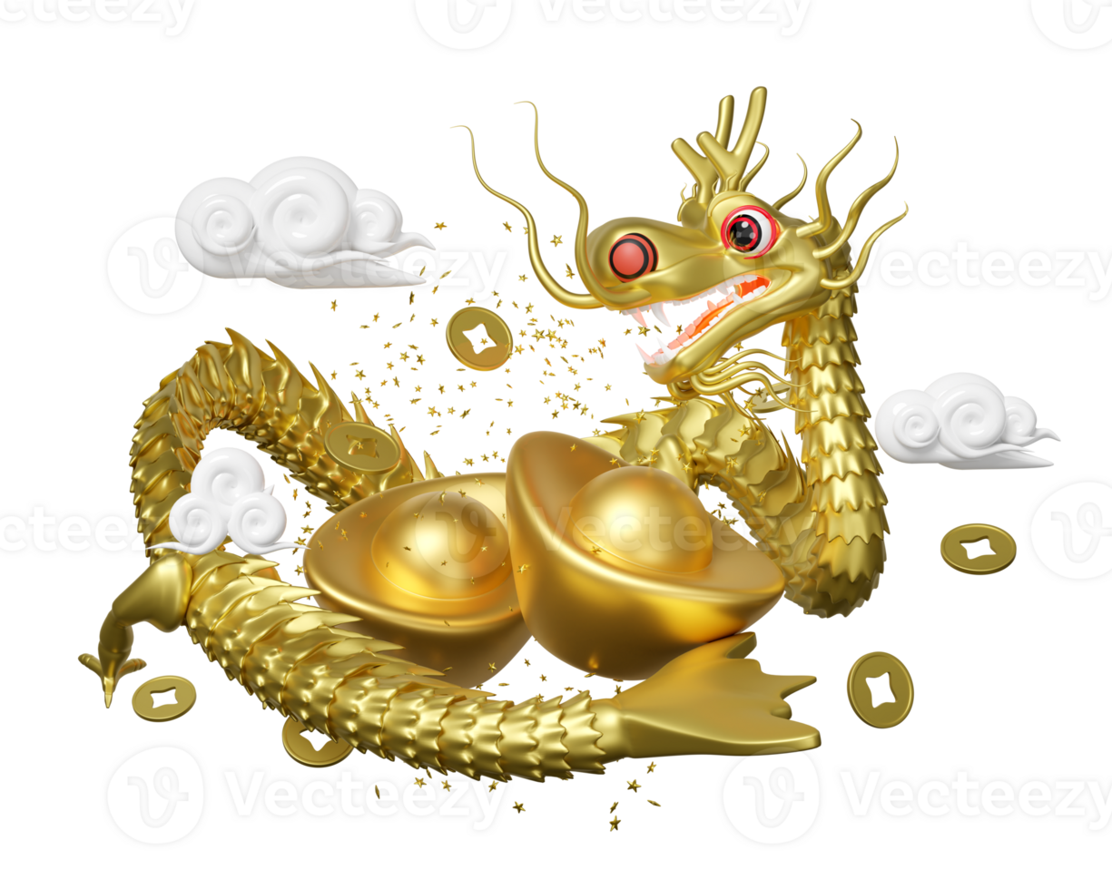 chinois or lingot avec dragon, nuage, pièce de monnaie. chinois Nouveau année 2024 Capricorne. 3d rendre illustration png