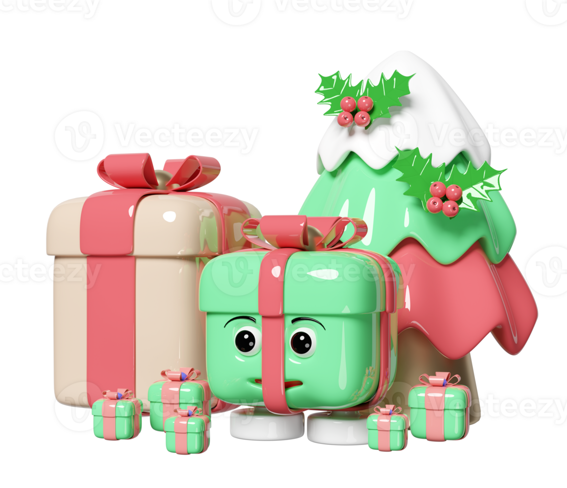 regalo scatola personaggio con Natale albero. allegro Natale e contento nuovo anno, 3d rendere illustrazione png