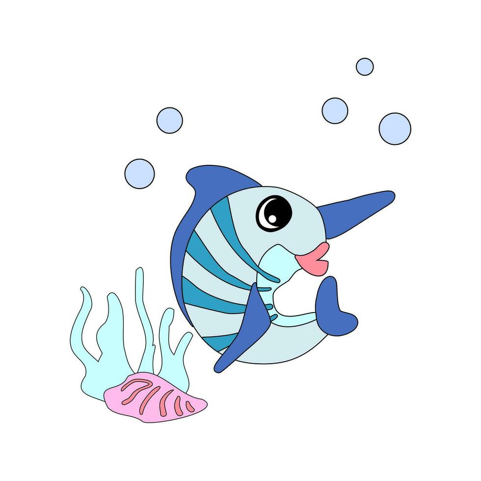 Swordfish with bubbles and algae in the ocean. For posters, prints on clothes. vector