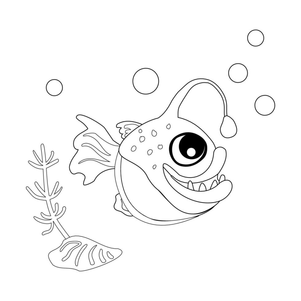 Coloring book Angler fish with shells, bubbles and algae in the ocean. For posters, prints on clothes. vector