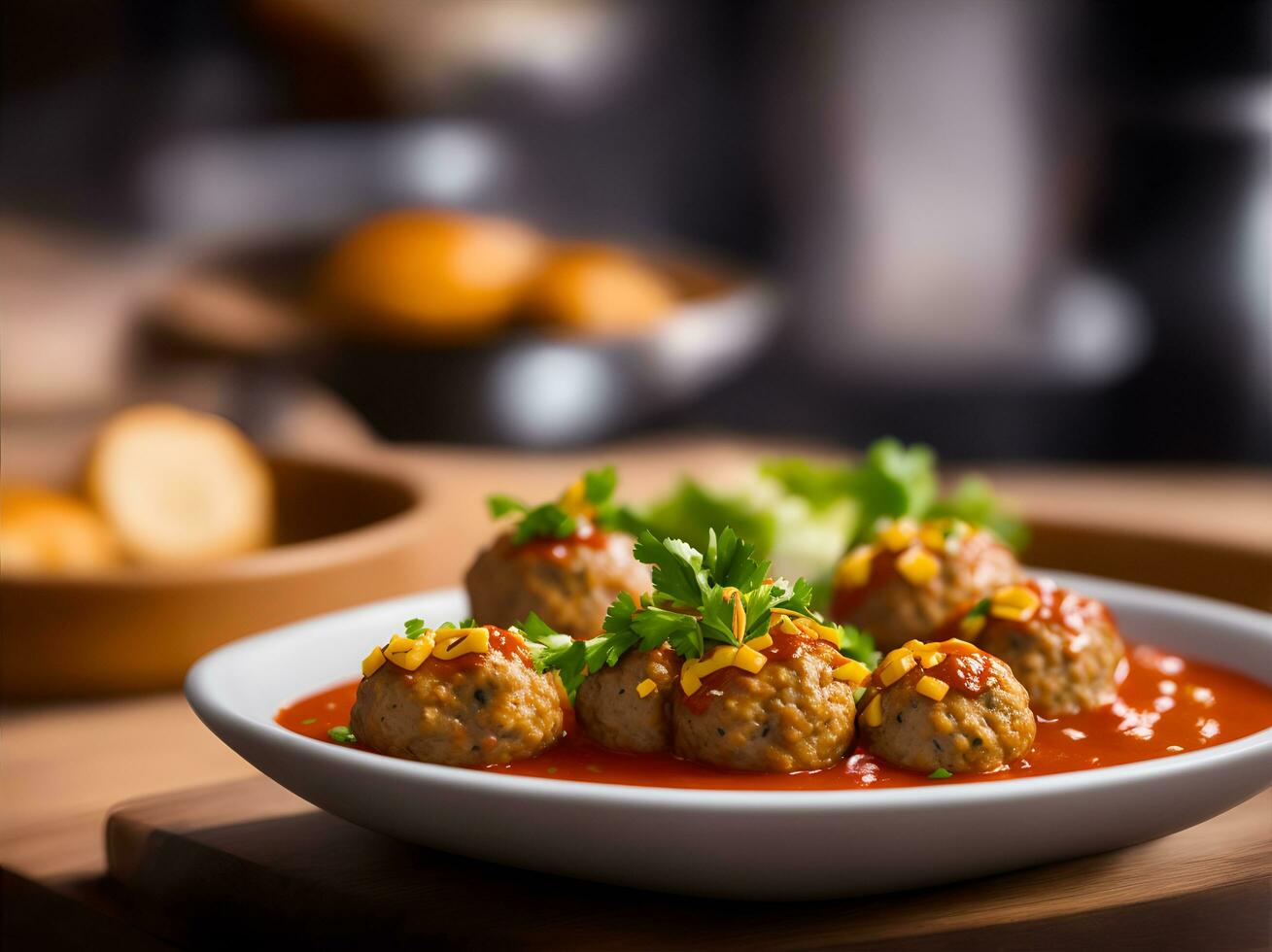 AI generated Meatballs that look delicious against a blurred background, AI generated photo