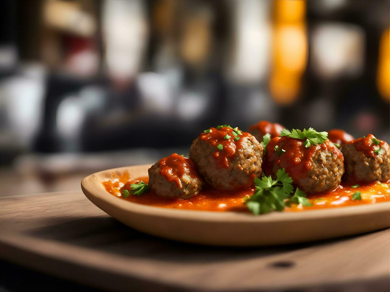 AI generated Meatballs that look delicious against a blurred background, AI generated photo