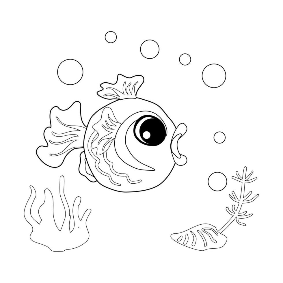 Coloring book Goldfish with shells, bubbles and algae in the ocean. For posters, prints on clothes. vector