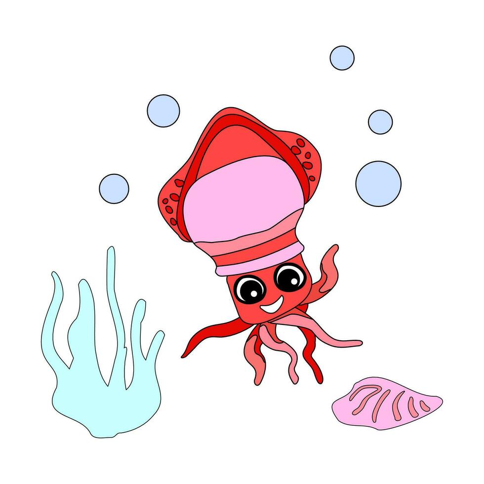 Squid with shells, bubbles and algae in the ocean. For posters, prints on clothes. vector