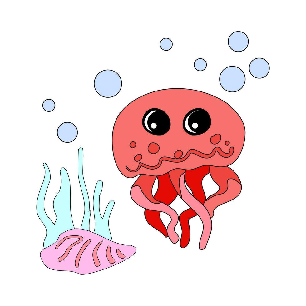 Cute octopus with shells, bubbles and algae in the ocean. For posters, prints on clothes. vector