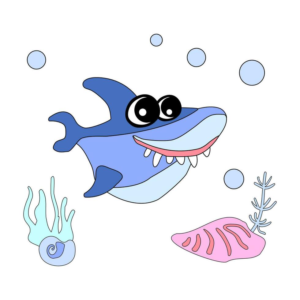 Cute shark with shells, bubbles and algae in the ocean. For posters, prints on clothes. vector