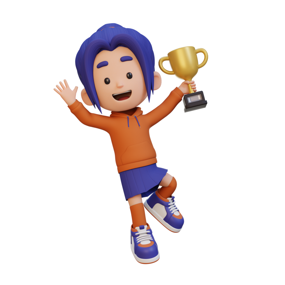 3D girl character celebrating win holding a trophy png