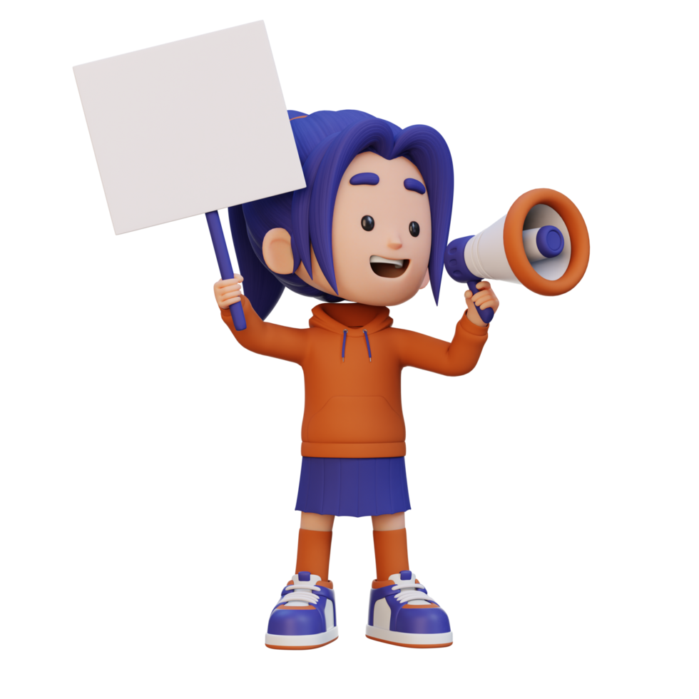 3D girl character holding a blank placard png