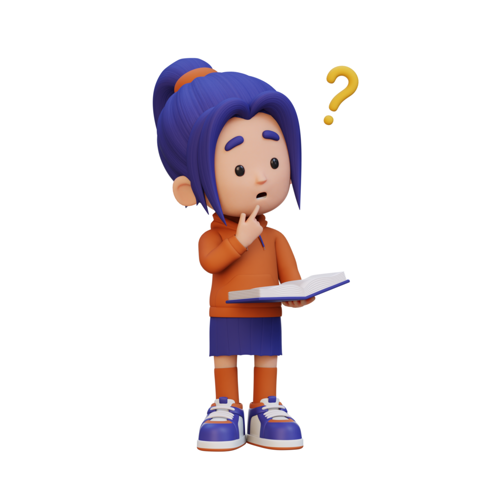 3D girl character get confused when reading a book png