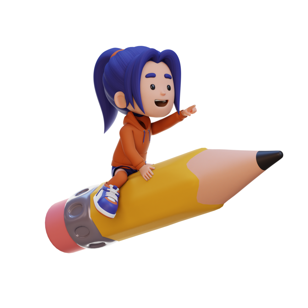 3D girl character riding a pencil and pointing hand png