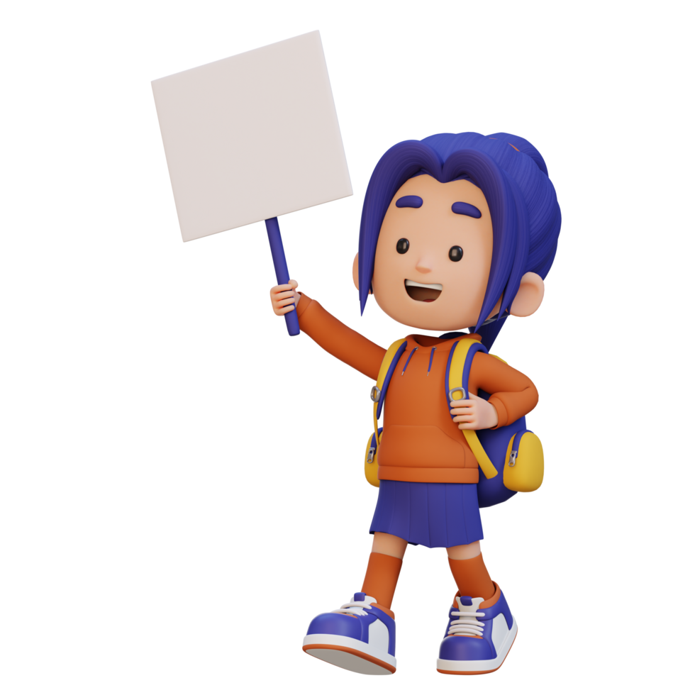 3D girl character holding a blank placard png