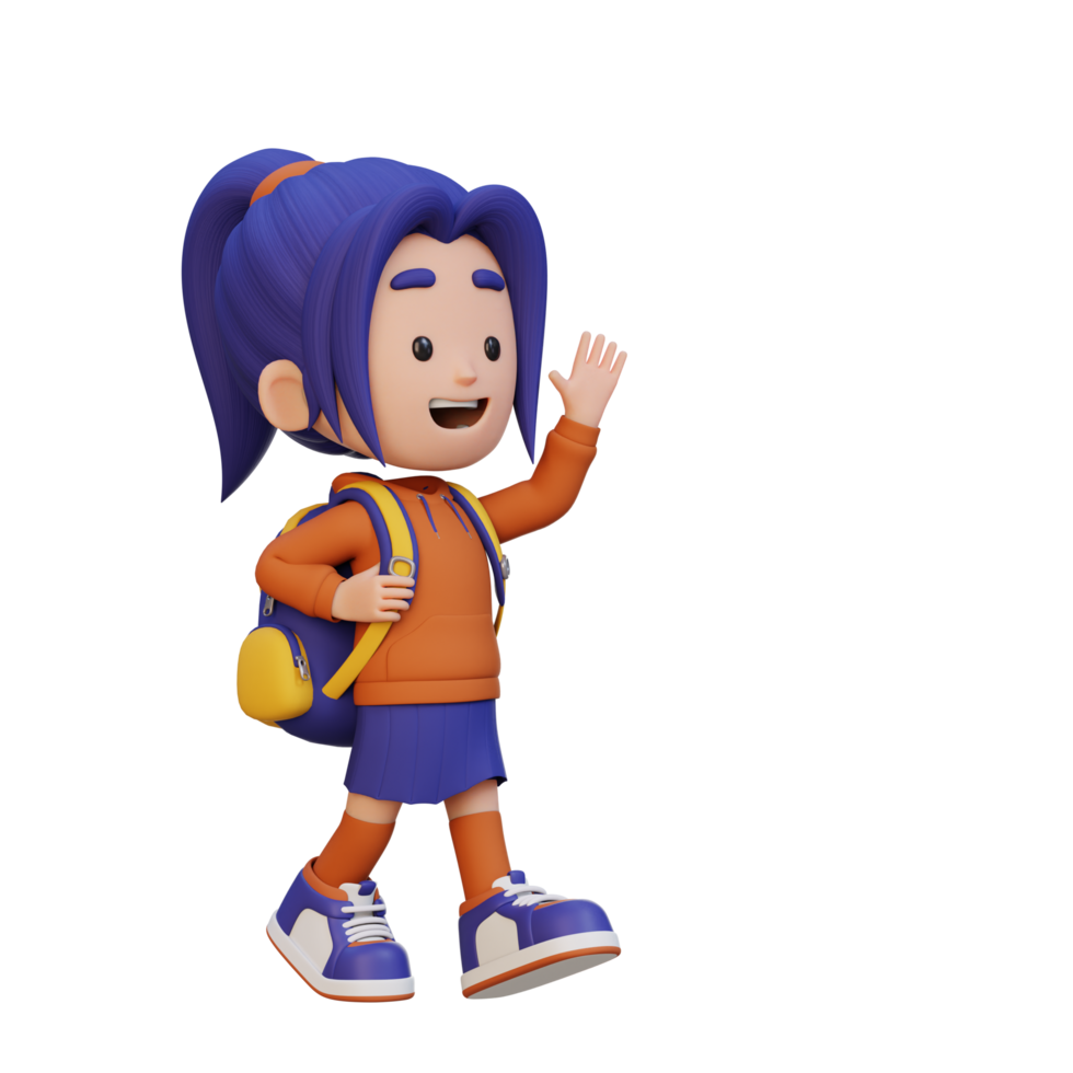 3D happy girl character walking and waving hand png