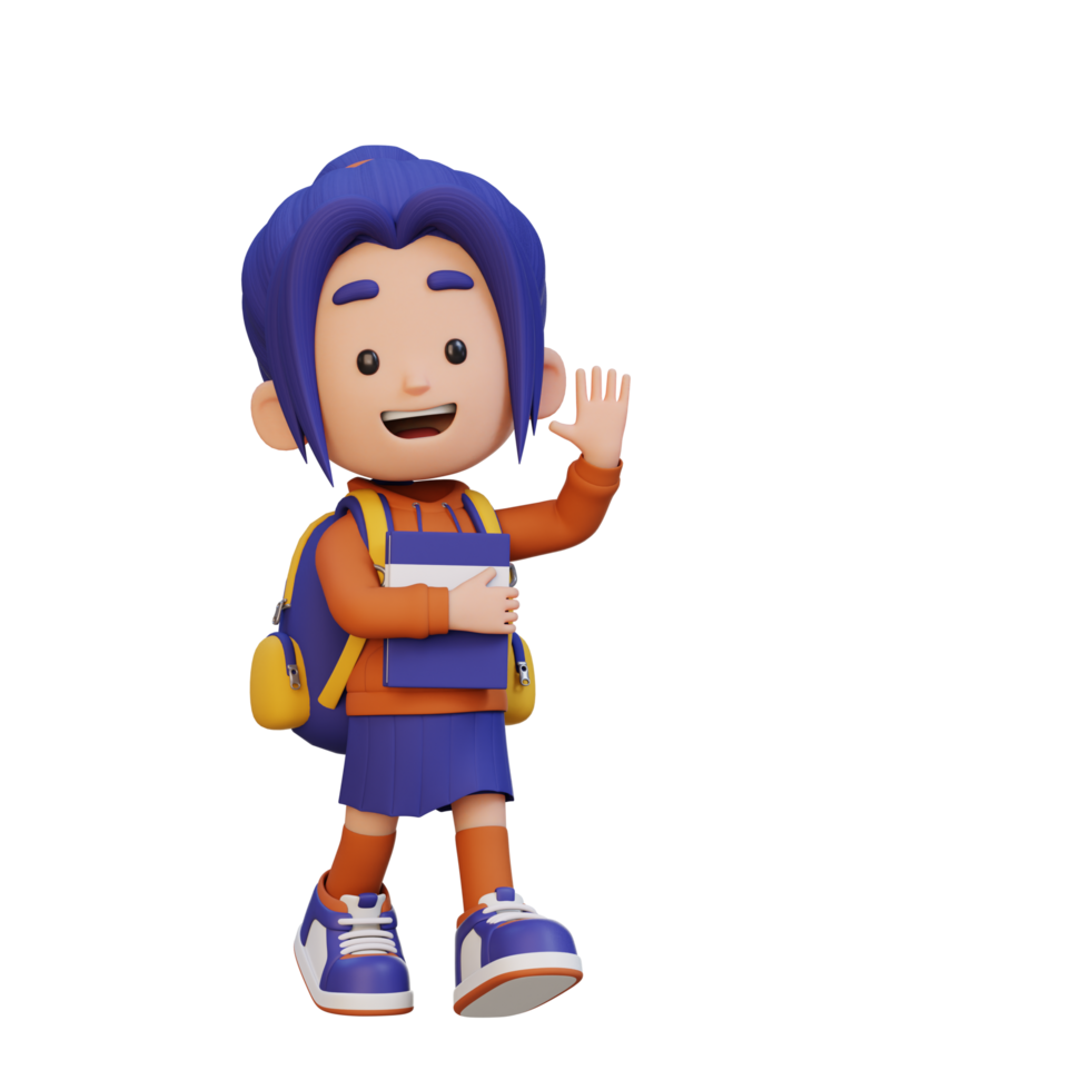 3D happy girl character walking go to school holding book and waving hand png