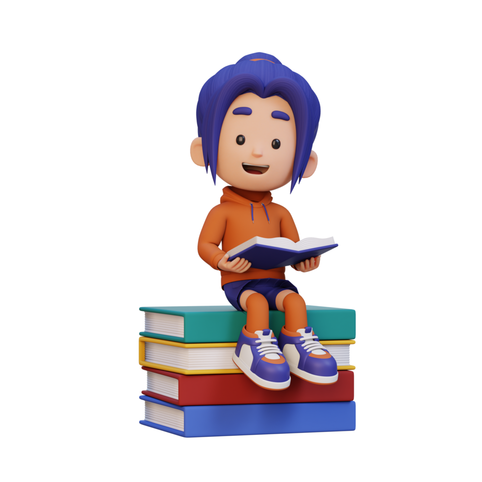 3d feliz menina personagem lendo livro png