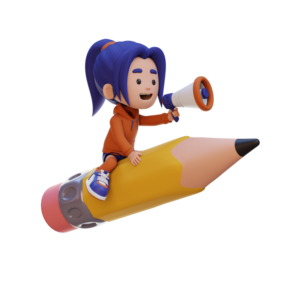 3D girl character riding a pencil and holding megaphone png