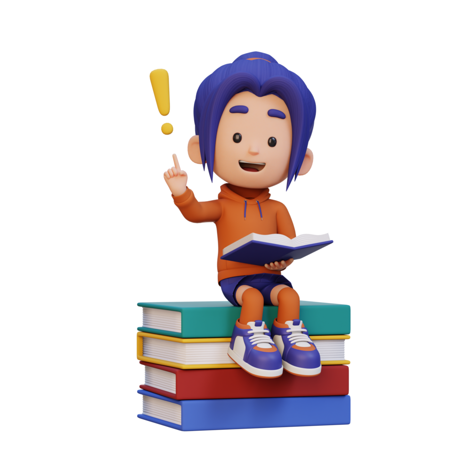 3D girl character get an idea when reading a book png
