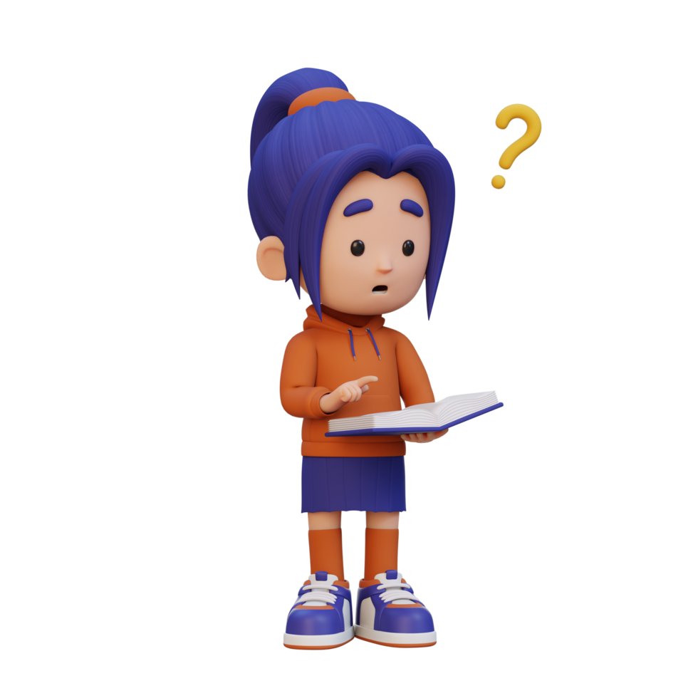 3D girl character get confused when reading a book png