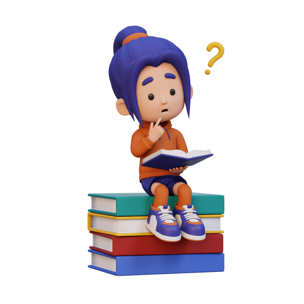 3D girl character get confused when reading a book png