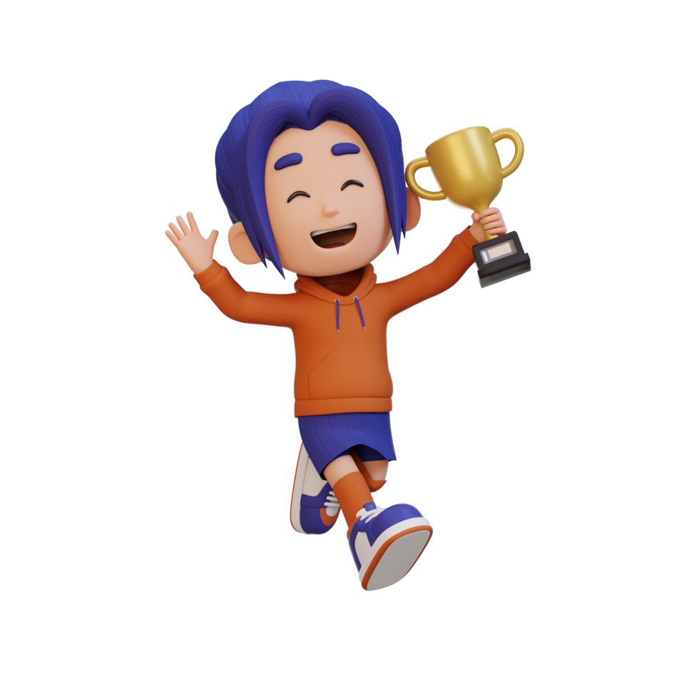 3D girl character celebrating win holding a trophy png