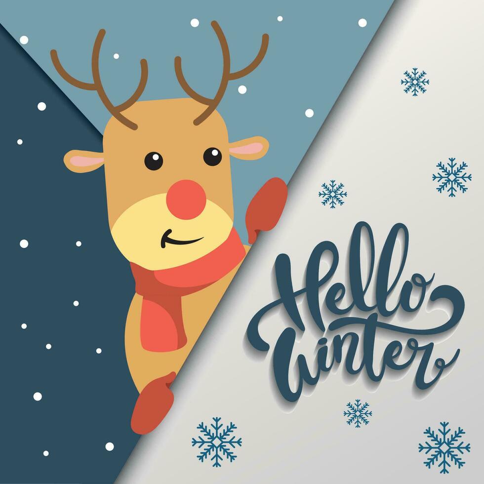 Cute reindeer on a hello winter paper art poster Vector illustration