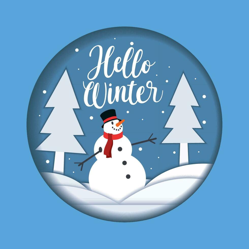 Snowman on winter landscape paper art badge Vector illustration