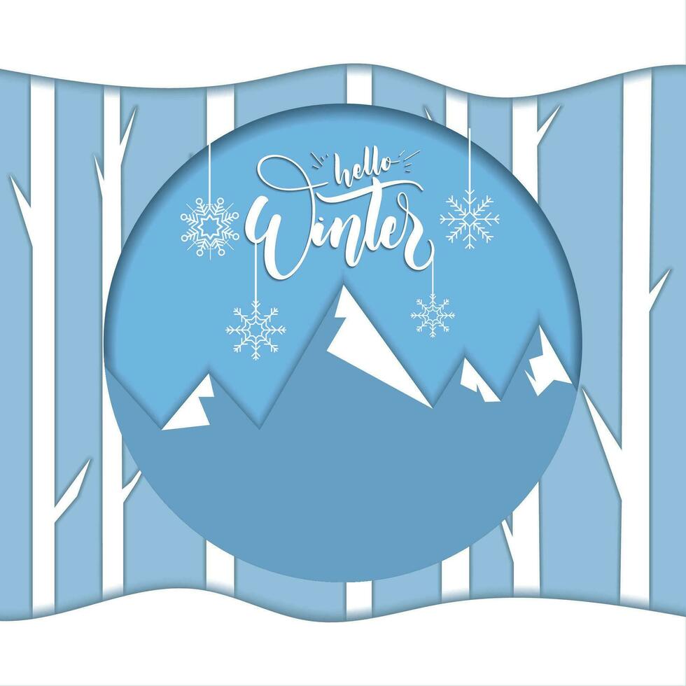 Snow mountains hello winter badge paper art Vector illustration