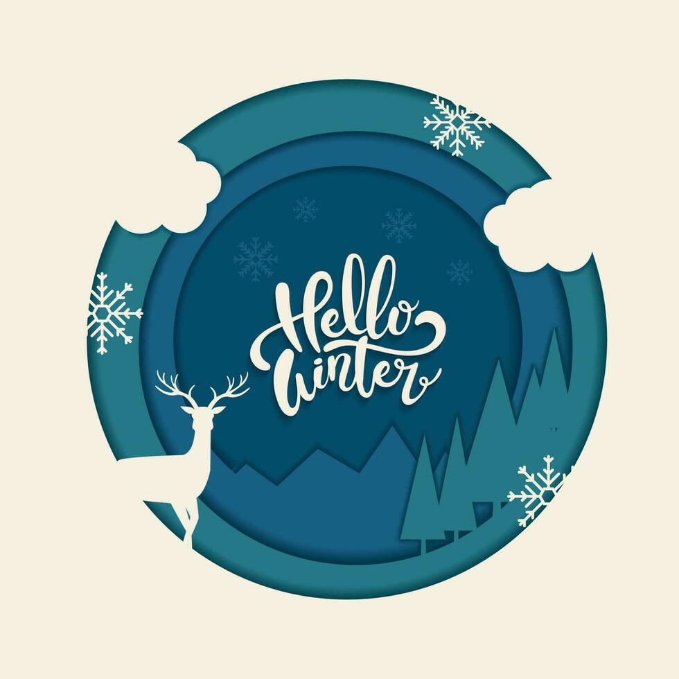 Hello winter paper art landscape Vector illustration