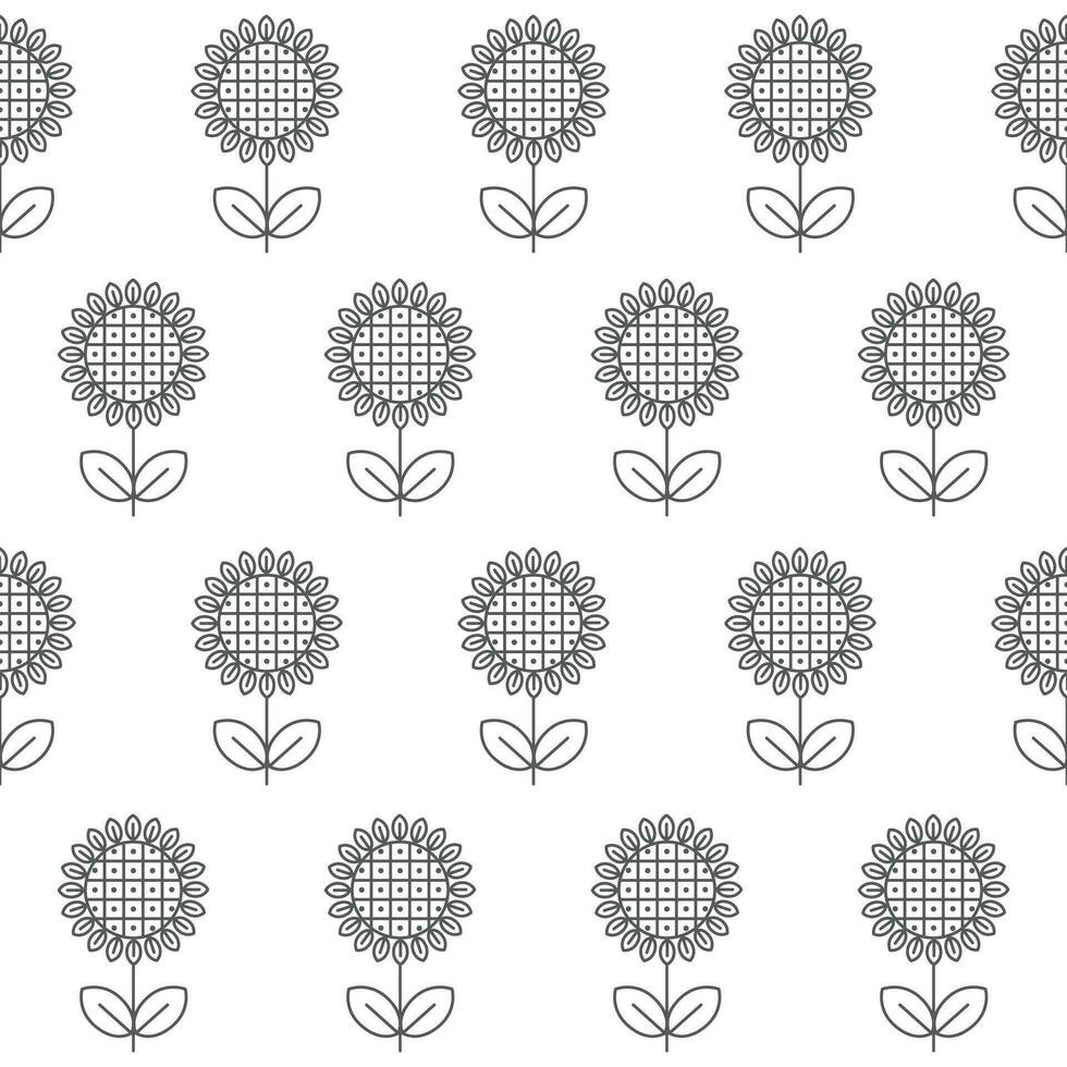 Seamless pattern of the sunflowers on the white background. Black and white style. Ethnic vector design for fabric, wallpaper, border, wrapping paper