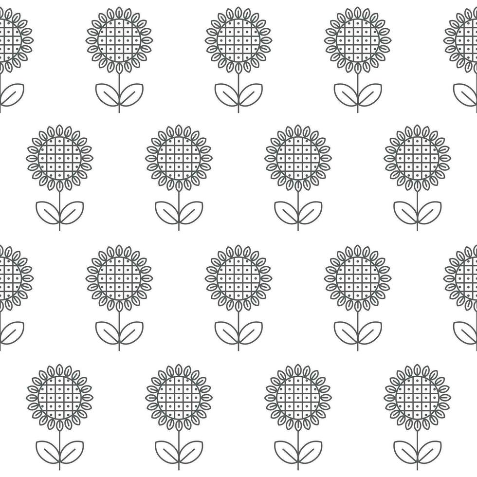 Seamless pattern of the sunflowers on the white background. Black and white style. Ethnic vector design for fabric, wallpaper, border, wrapping paper