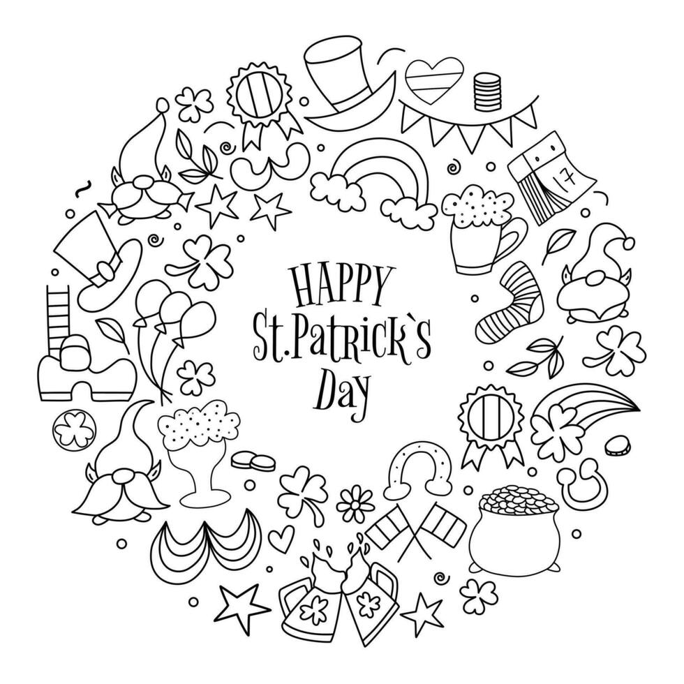 St. Patrick s day vector doodle round set isolated on white background