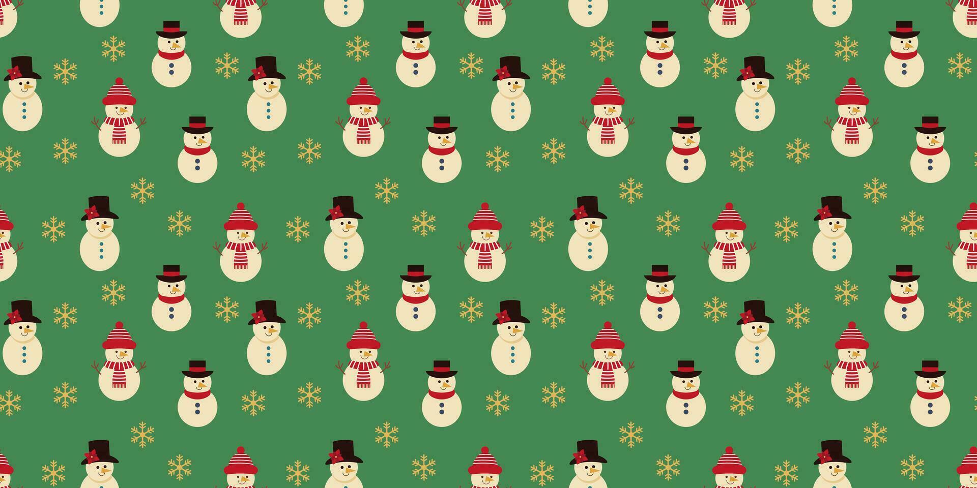 Seamless pattern with christmas cute snowmans in scarf and hat flat style. Papper for holiday xmas and new year. vector